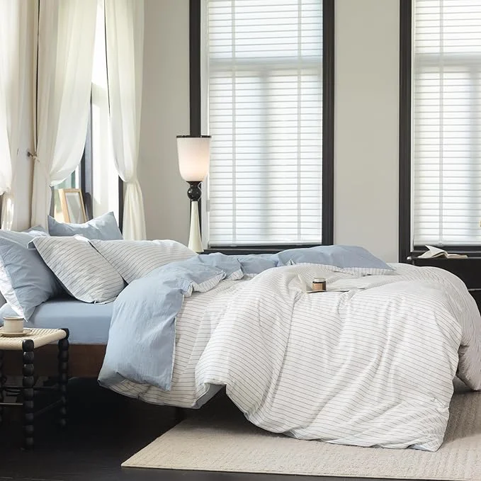 Casual Reversible Duvet Cover Set Washed Cotton Sky Blue Stripe Linen Feel Duvet Cover Twin Size with Zipper Closure amp 2 Pillow Shams Sky Blue White Stripe Reverse Solid Sky Blue Enhanced