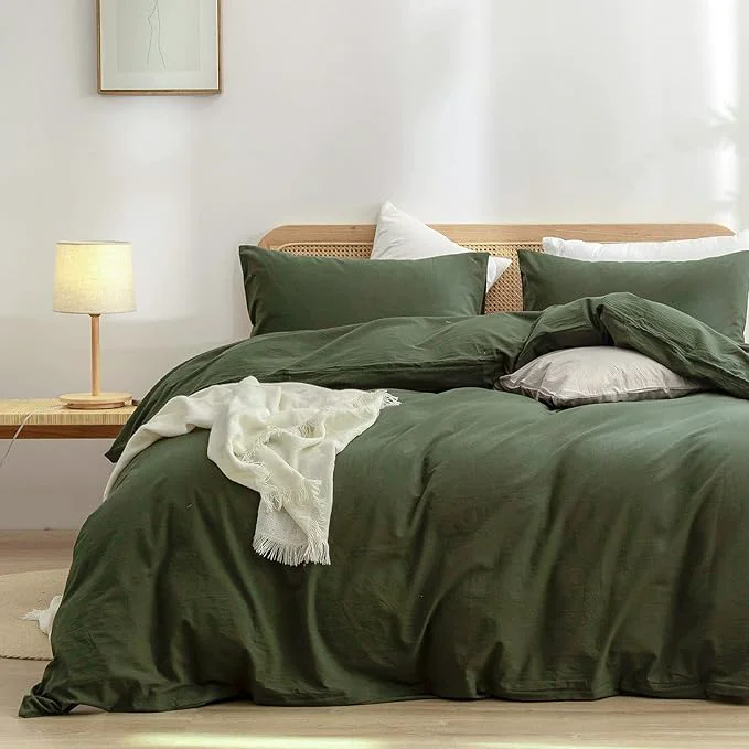 Smart OUCH Duvet Cover Set Washed Cotton Linen Feel Super Soft Comfortable Chic Lightweight 3 PCs Home Bedding Set Solid Olive Green Super King Plus High-Performance