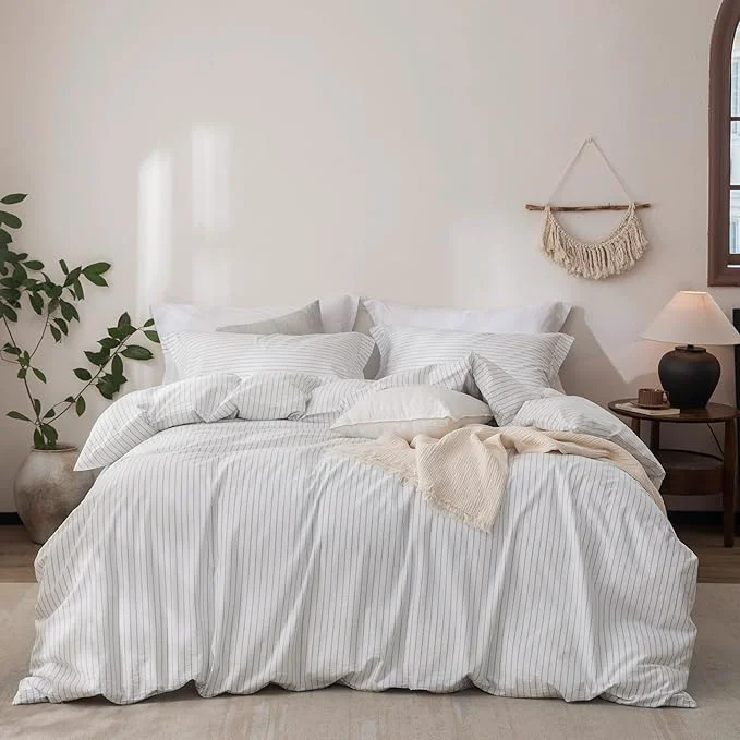 Effective Stripe Linen Feel Duvet Cover King Size 104inch x 90inch Washed Cotton Duvet Cover with Zipper Closure and 2 Pillowcases Stripe of White-Cornflower Blue Comfortable