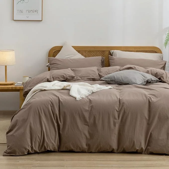 Innovative OUCH Duvet Cover Set Washed Cotton Linen Feel Super Soft Comfortable Chic Lightweight 3 PCs Home Bedding Set Solid Pine Bark Brown Cal King High-Grade