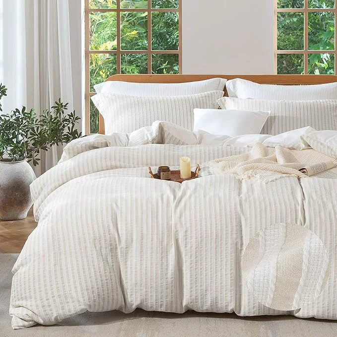 Healthy MILDLY Linen Grey Striped Duvet Cover – Washed Cotton Jacquard Boho Textured Comforter Cover 3pcs with Corner Ties Zipper Closure 90 quot x90 quot Powerful