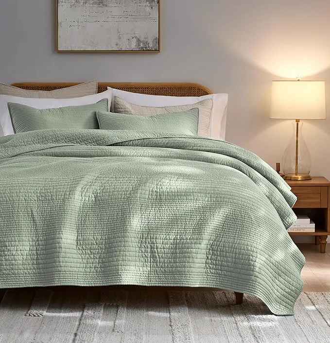 Carefully Designed PALASSIO Striped Sage Green Cotton Quilt California Cal King Size Bedding Set Oversized Lightweight Channel Pick Stitch Textured Bedspread Soft Farmhouse Country Coverlet for All Season 2 Shams High-Grade