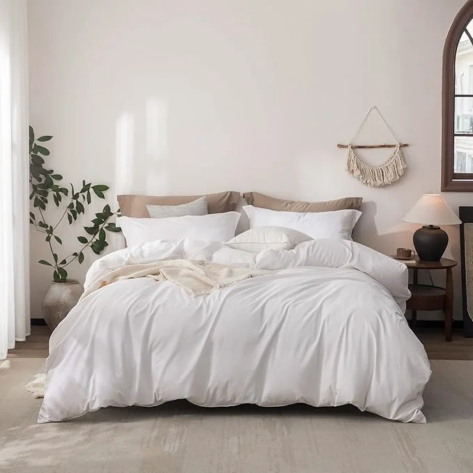 Classic Linen Feel Duvet Cover Queen Size 90inch x 90inch Washed Cotton Duvet Cover with Zipper Closure and 2 Pillowcases Color of Bright White Exclusive