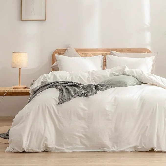 Durable OUCH Duvet Cover Set Washed Cotton Linen Feel Super Soft Comfortable Chic Lightweight 3 PCs Home Bedding Set Solid Off White Super King Relaxed