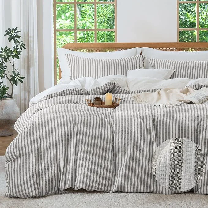 Authentic MILDLY Jacquard Stripe Duvet Cover – Washed Cotton Boho Textured Comforter Cover 3pcs with Zipper Closure 90 quot x90 quot Quality