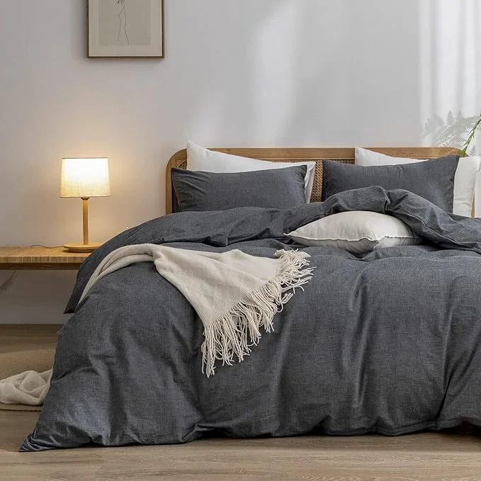 Powerful OUCH Duvet Cover Set Washed Cotton Linen Feel Super Soft Comfortable Chic Lightweight 3 PCs Home Bedding Set Solid Dark Black Oversized Full Organic
