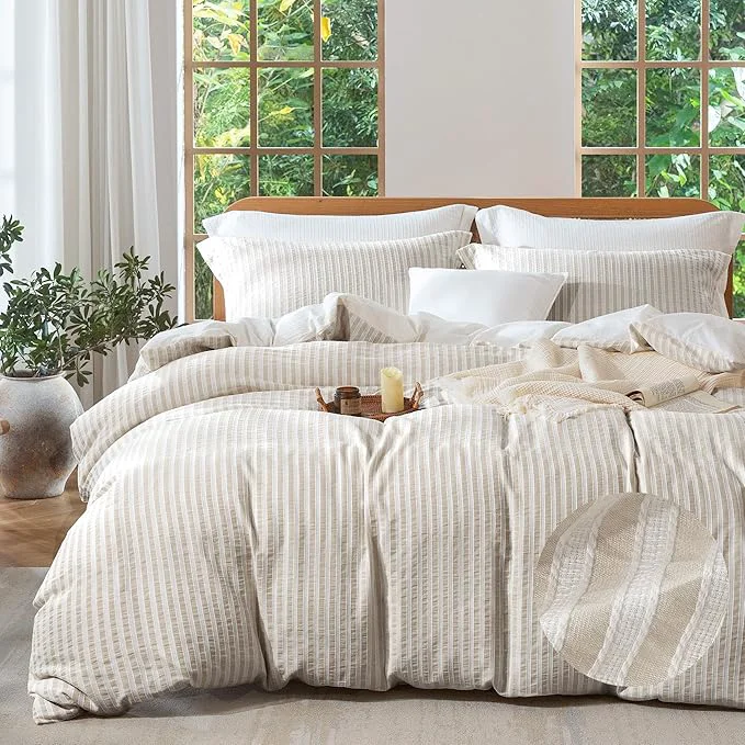 Excellent MILDLY Khaki Striped Duvet Cover – Washed Cotton Jacquard Textured Comforter Cover with Dual Zipper Closure amp 8 Coner Ties Soft