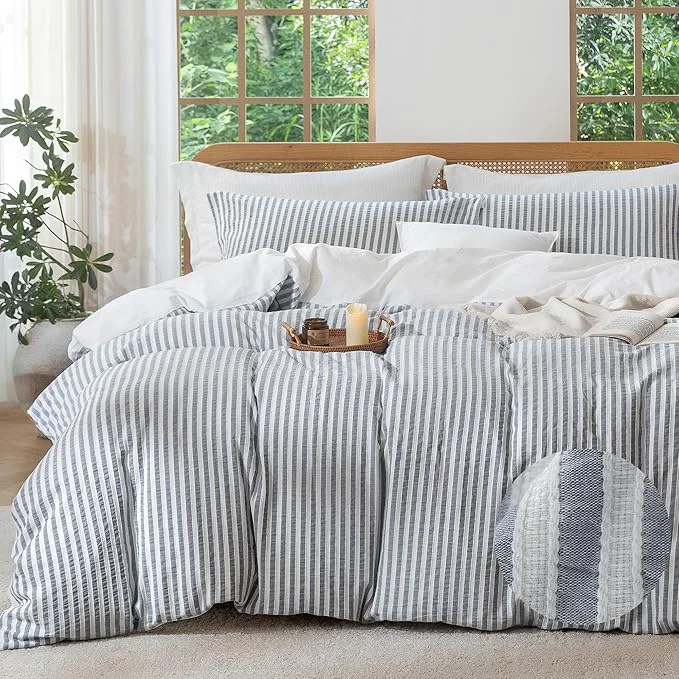 Pure MILDLY Striped Duvet Cover Set – Washed Cotton Charcoal Grey Boho Jacquard Textured Comforter Cover 3pcs with Zipper Closure 80 quot x90 quot Powerful