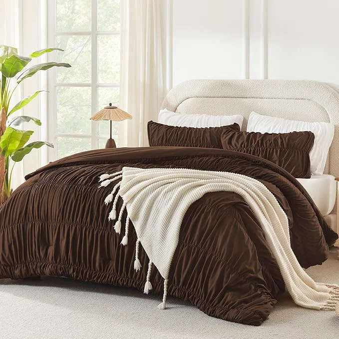 Smooth Andency Ruched Brown Twin Size Comforter Sets Shabby Chic Pleated Bedding Sets 2 Pieces Lightweight Soft Boho Ruffle Bed Set for Girls Kids Women All Season Secure