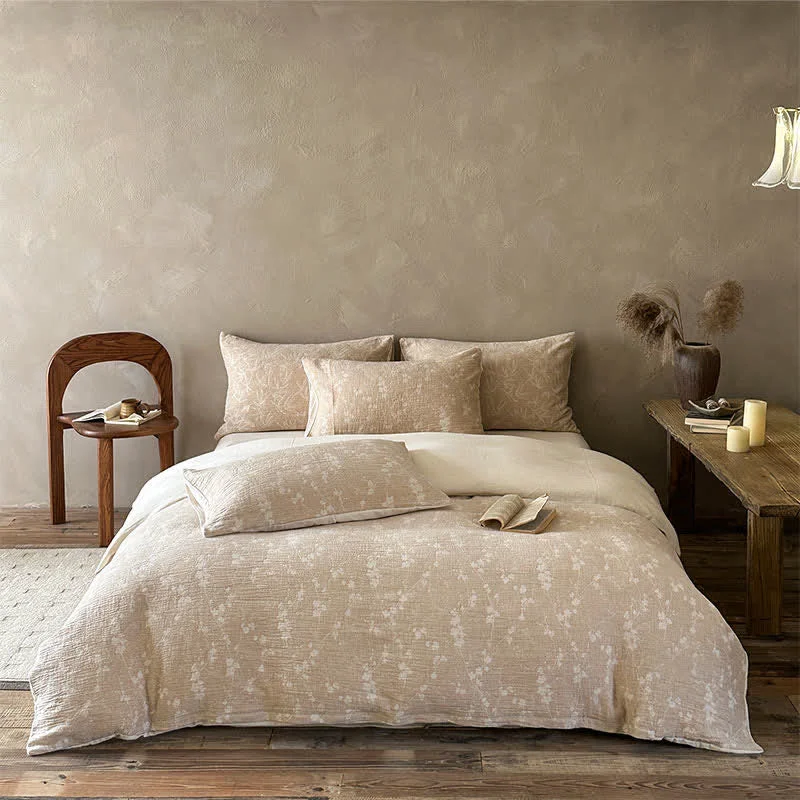 Breathable Ownkoti Camel Delicate Floral Sprig Jacquard Cotton Bedding Set Relaxed
