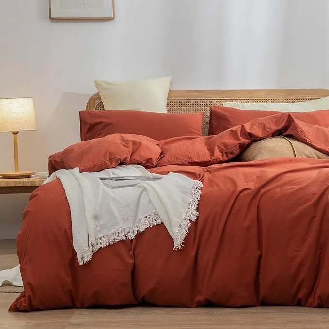 Reliable OUCH Duvet Cover Set Washed Cotton Linen Feel Super Soft Comfortable Chic Lightweight 2 PCs Home Bedding Set Solid Burnt Brick Red Twin Twin XL Healthy