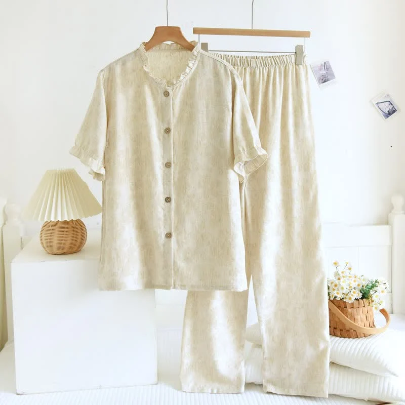 Carefully Designed Ownkoti Ruffle Trim Cotton Linen Women 39 s Pajamas Classic
