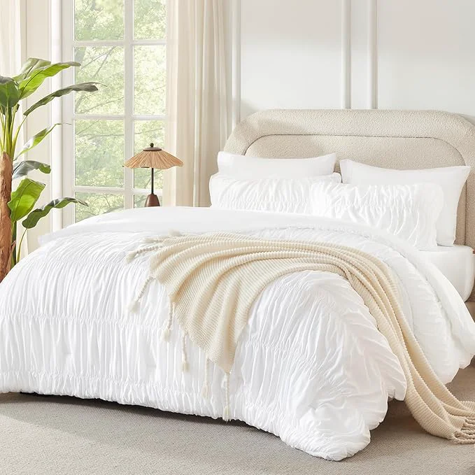 Sustainable Andency Ruched White Full Size Comforter Sets Shabby Chic Pleatd Bedding Sets 3 Pieces Lightweight Soft Boho Ruffle Bed Set for Girls Kids Women All Season Superior
