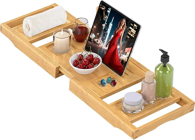 Traditional Bathtub Tray Caddy Premium Bamboo Expandable Bath Tub Trays Table Foldable Quality