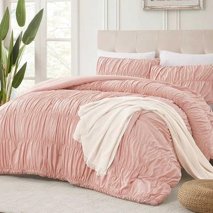 Versatile Andency Ruched Blush Pink Full Size Comforter Sets Shabby Chic Pleatd Bedding Sets 3 Pieces Lightweight Soft Boho Ruffle Bed Set for Girls Kids Women All Season Elegant