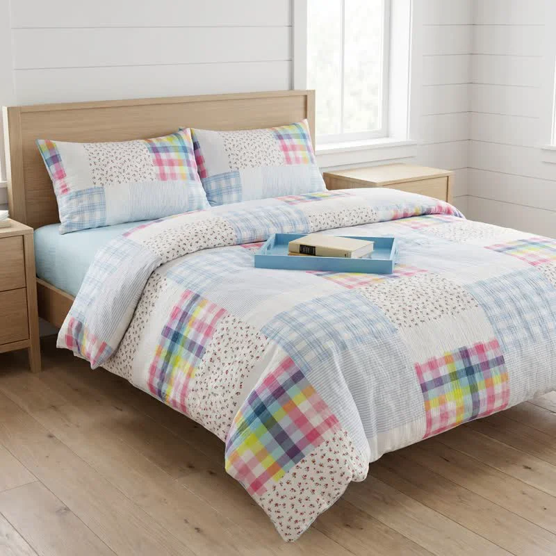 Quality Ownkoti Rainbow Plaid Patchwork Floral Cotton Bedding Set 4PCS Original Design