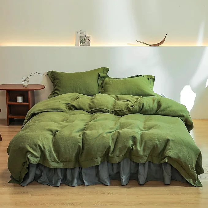 Fast Simple amp Opulence Linen Duvet Cover Set with Embroidery Border Washed – 3 Pieces 1 Duvet Cover amp 2 Pillow Shams with Button Closure Soft Breathable Farmhouse – Olive Queen Size Modern