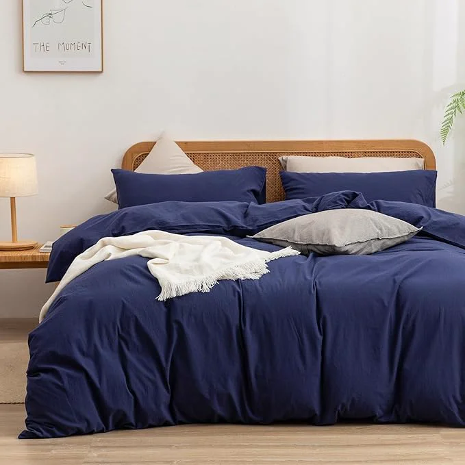 Optimized OUCH Duvet Cover Set Washed Cotton Linen Feel Super Soft Comfortable Chic Lightweight 3 PCs Home Bedding Set Solid Navy Blue Oversized Queen Premium Material