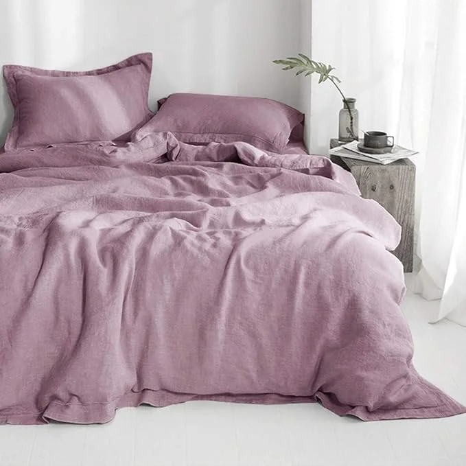 Comfortable Simple amp Opulence Linen Duvet Cover Set with Embroidery Border Washed – 3 Pieces 1 Duvet Cover with 2 Pillow Shams with Button Closure Soft Breathable Farmhouse – Purple Queen Size Verified