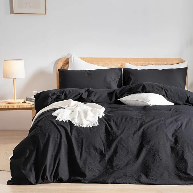 Sustainable OUCH Duvet Cover Set Washed Cotton Linen Feel Super Soft Comfortable Chic Lightweight 3 PCs Home Bedding Set Solid Deep Black Alaska King World-Class
