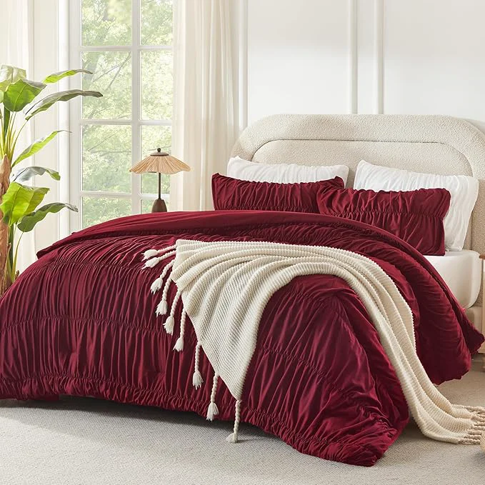 Dependable Andency Ruched Burgundy Full Size Comforter Sets Shabby Chic Pleatd Bedding Sets 3 Pieces Lightweight Soft Boho Ruffle Bed Set for Girls Kids Women All Season Smooth