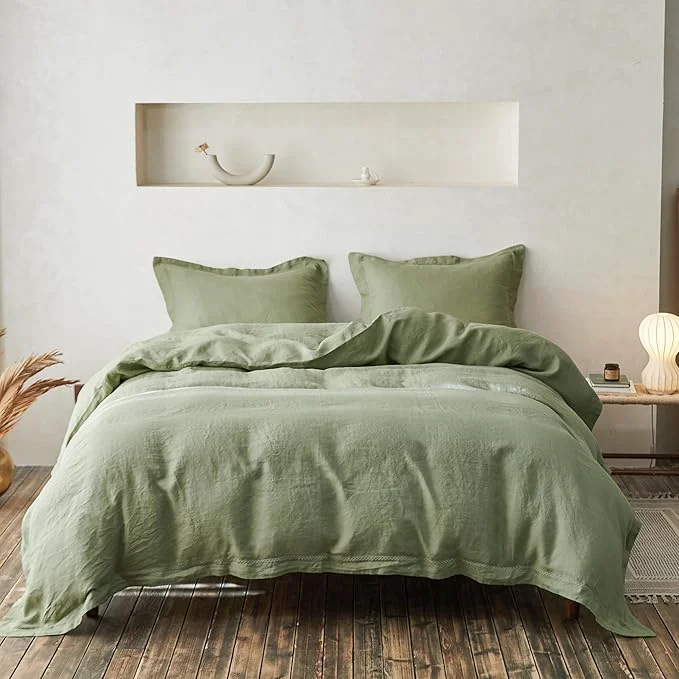 Crafted Simple amp Opulence Linen Duvet Cover Set with Crossed Embroidery Washed – 3 Pieces 1 Duvet Cover with 2 Pillow Shams Soft Breathable Farmhouse – Sage Green King Size Classic