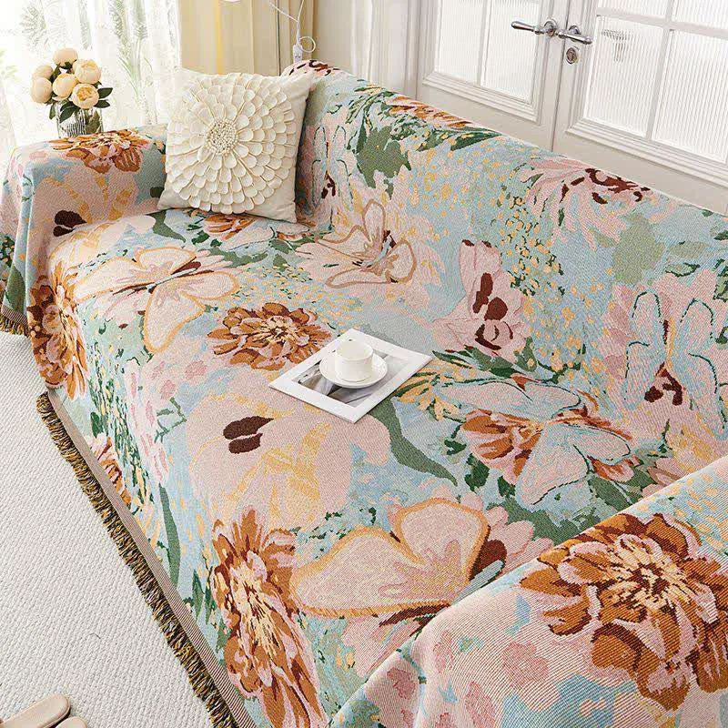 Breathable Ownkoti Oil Painting Floral Tassel Sofa Protector Powerful