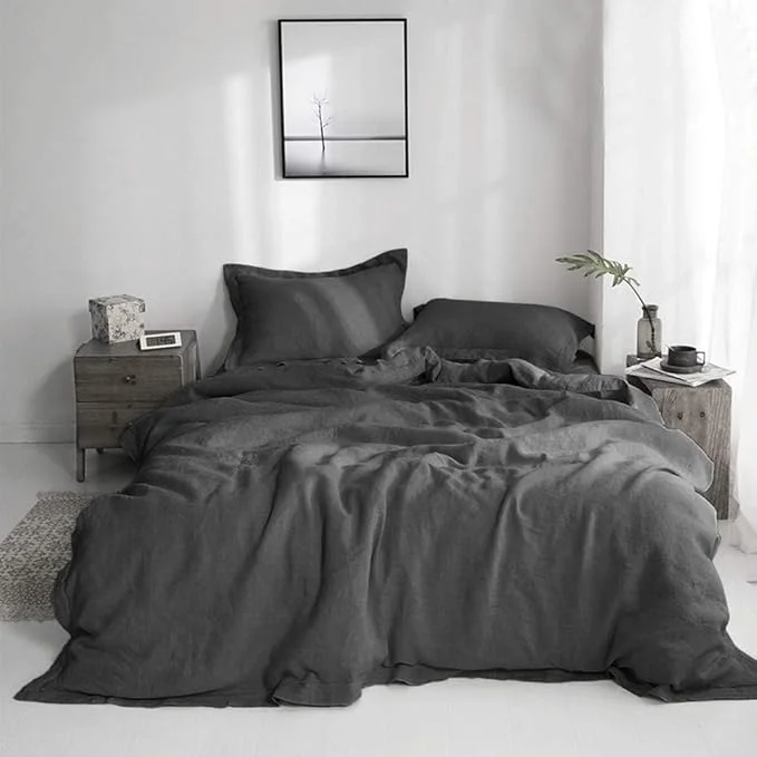 Elegant Simple amp Opulence Linen Duvet Cover Set with Embroidery Washed – 3 Pieces 1 Duvet Cover with 2 Pillow Shams with Button Closure Soft Breathable Farmhouse – Dark Grey King Size Exceptional