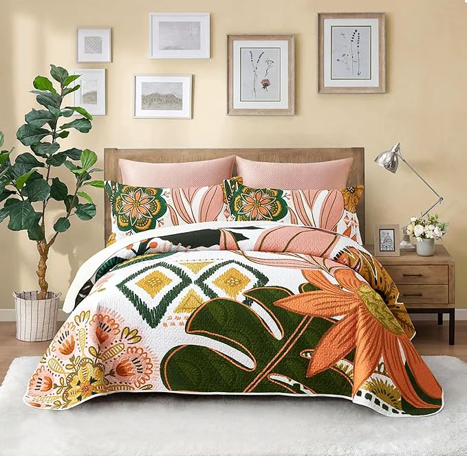 Artisan 3 Piece Boho Floral Californial King Size Quilt Sets Farmhouse Reversible Lightweight Bedspread Coverlet with 2 Shams Mid Century Leaves Microfiber Bedding Quilts Set for All Season 118 39 39 x106 39 39 High-Quality