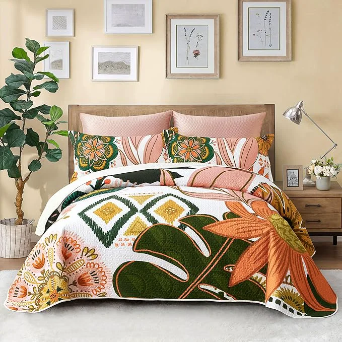 Reliable 3 Piece Boho Floral Full Queen Quilt Sets Farmhouse Botanical Reversible Lightweight Bedspread Coverlet with 2 Shams Mid Century Leaves Microfiber Bedding Quilts Set for All Season 90 39 39 x96 39 39 Fine Crafted