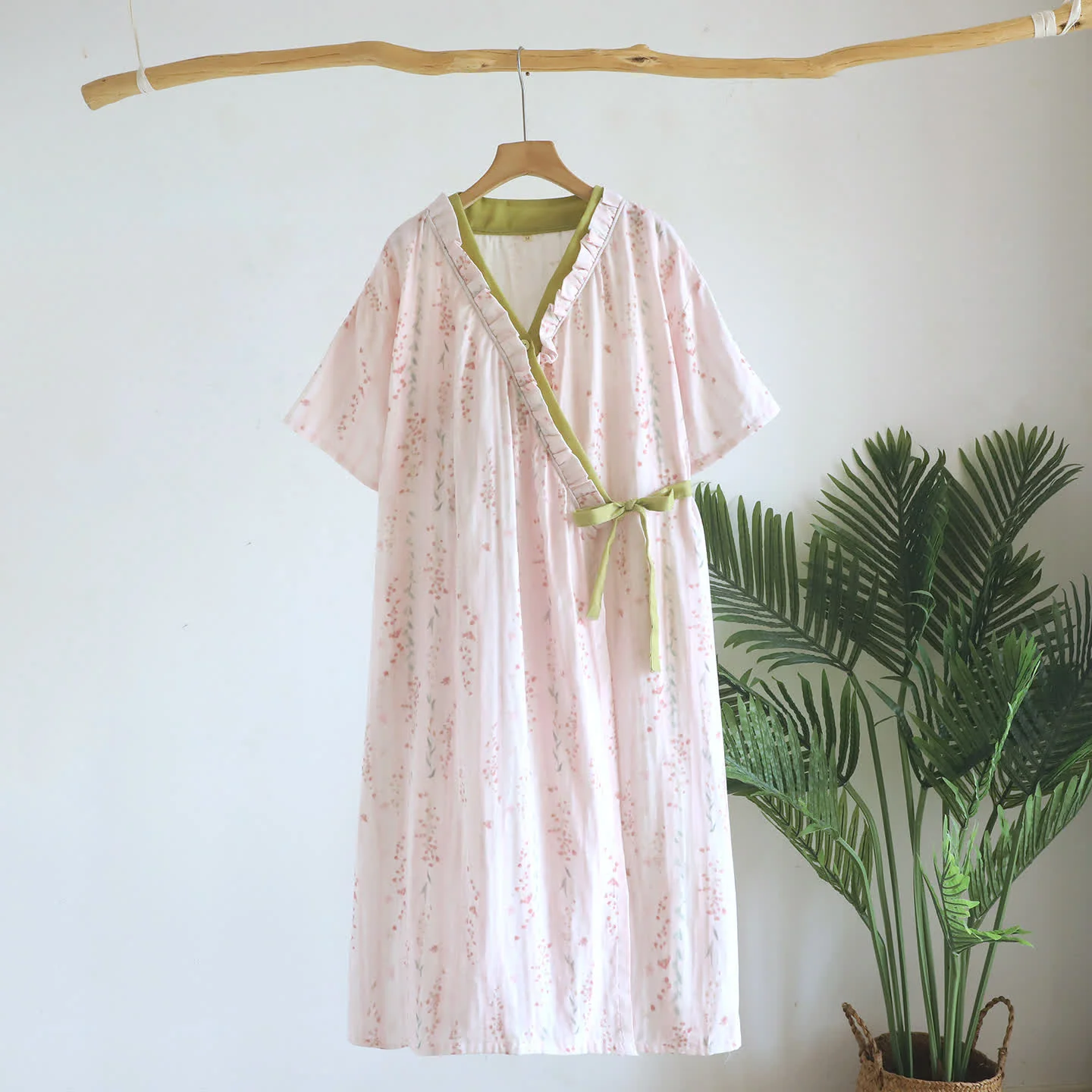 Comfortable Ownkoti Floral Cotton Gauze Kimono Nightdress Loungewear Green
