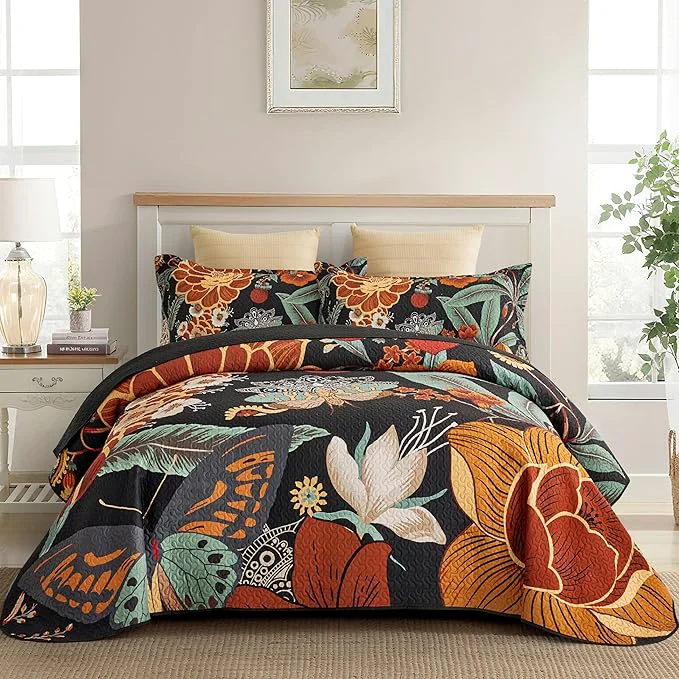 Premium Material 3 Piece Black Boho Floral King Size Quilt Sets Reversible Farmhouse Botanical Lightweight Bedspread Coverlet with 2 Shams Butterfly Microfiber Bedding Quilts Set for All Season 106 39 39 x96 39 39 Unique