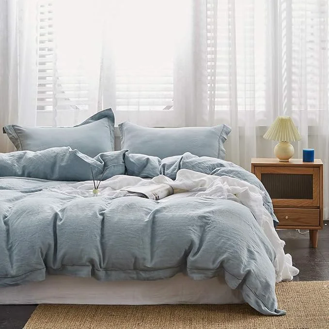 Safe Simple amp Opulence Linen Duvet Cover Set with Embroidery Border Washed – 3 Pieces 1 Duvet Cover amp 2 Pillow Shams with Button Closure Soft Breathable Farmhouse – Dusty Blue Queen Size Clean