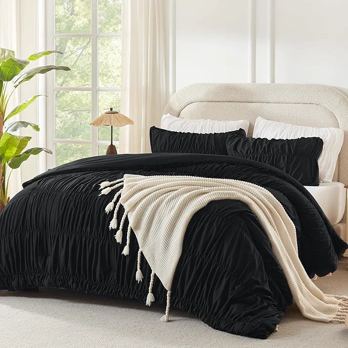 Environmentally Friendly Andency Ruched Black King Size Comforter Set Shabby Chic Pleated Bedding Sets 3 Pieces Lightweight Soft Boho Ruffle Bed Set for Girls Kids Women All Season Solid