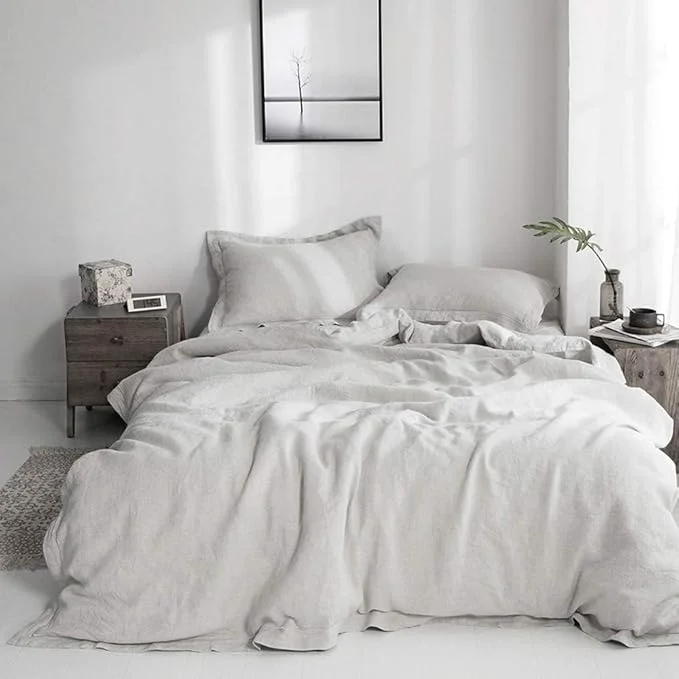 Traditional Simple amp Opulence French Flax Linen Duvet Cover Set with Embroidery Washed – 3 Pieces 1 Duvet Cover with 2 Pillow Shams with Button Closure Soft Breathable Farmhouse – Light Grey King Size Superior