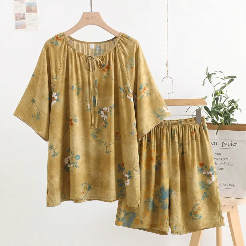 User-Friendly Ownkoti Vintage Botanical Floral Tie-Neck Pajama Set Elegant