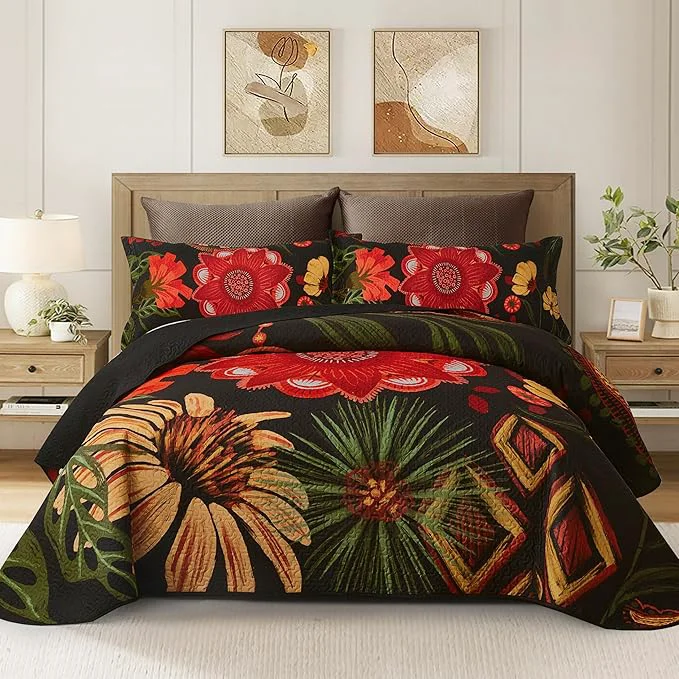 Practical 3 Piece Black Red Boho Floral Quilt Sets King Size Farmhouse Reversible Lightweight Bedspread Coverlet with 2 Shams Vintage Mid Century Microfiber Bedding Quilts Set for All Season 106 39 39 x96 39 39 Excellent