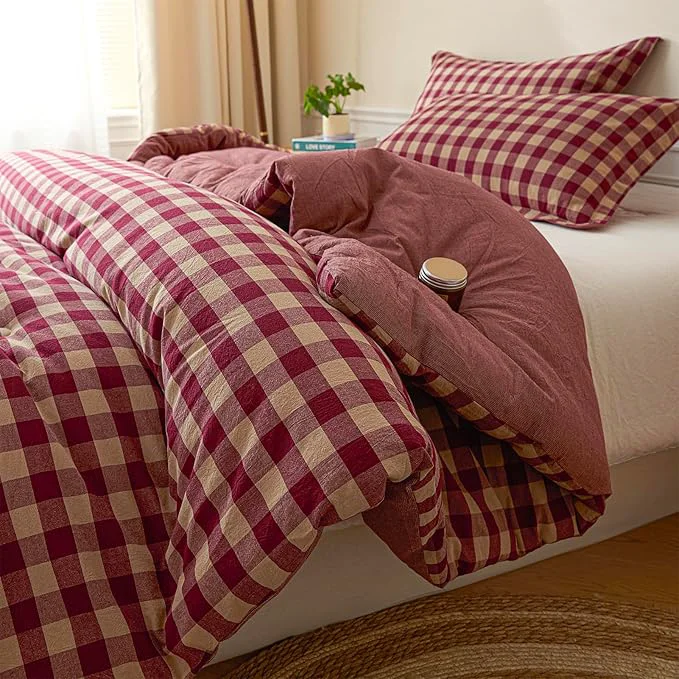 Elite Cyusri Cotton Plaid Full Comforter Set – Soft Lightweight Bedding 3 Pieces Dyed Bed Set with 2 Pillow Shams Reversible All Season Farmhouse Down Full Size 80 quot x90 quot Retro Red High-End