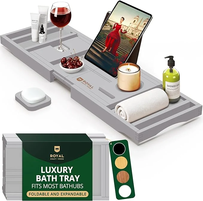 Secure ROYAL CRAFT WOOD Premium Foldable Bathtub Tray Caddy Excellent