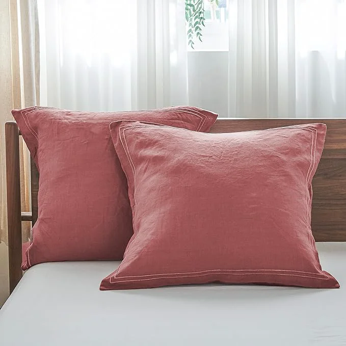 Simple amp Opulence French Linen Euro Shams with Embroidery 26 39 39 x 26 39 39 – Pack of 2 – Pre Washed Solid Color Natural Flax Soft Breathable – Coral Red Carefully Designed