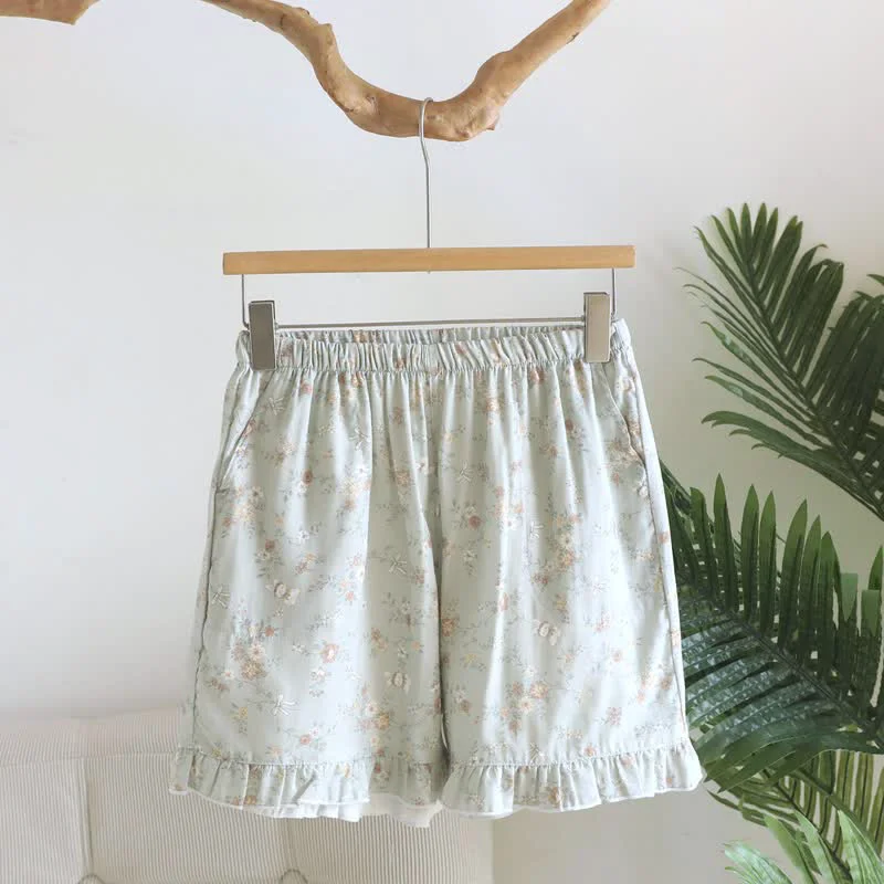 Green Ownkoti Floral Cotton Gauze Ruffle Pajama Shorts Specialty