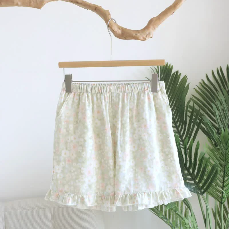 High-Performance Ownkoti Green Floral Cotton Ruffle Pajama Shorts Relaxed