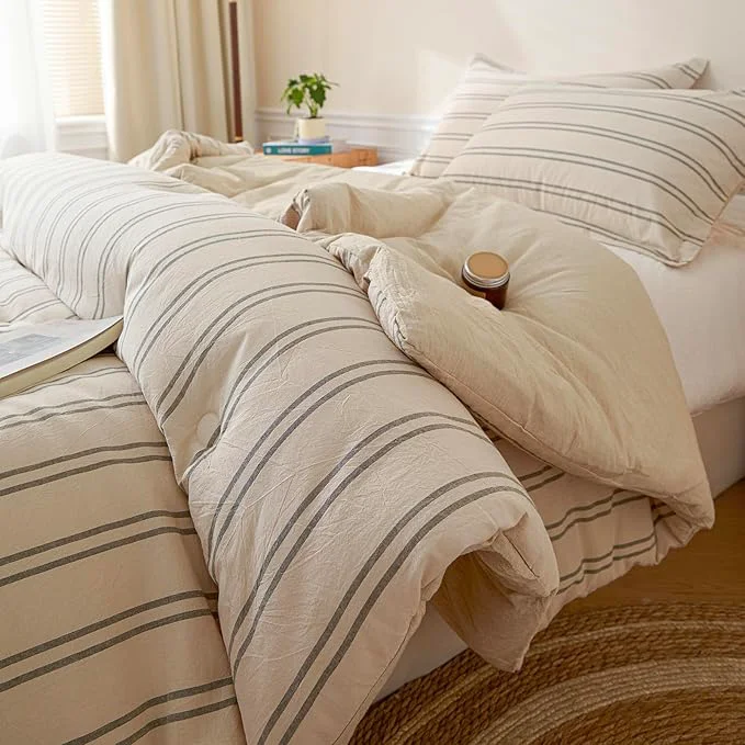 Exceptional Cyusri Cotton Stripe Queen Comforter Set – Soft Lightweight Bedding 3 Pieces Dyed Bed Set with 2 Pillow Shams Reversible All Season Farmhouse Down Queen Size 90 quot x90 quot Beige Next-Generation