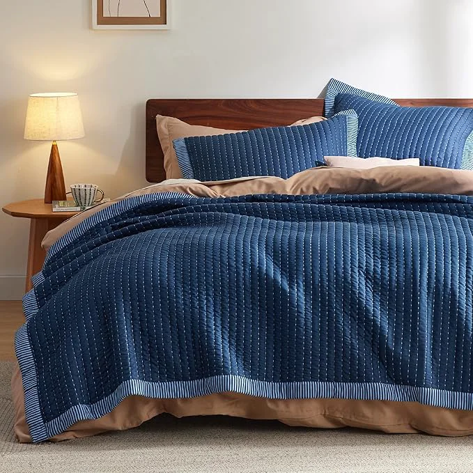 Traditional Bedsure Navy Quilts King Size – King Quilt Bedding Set Bedspread Coverlet Lightweight Corduroy Pattern Bedspread 3-Piece Set with 106 quot x96 quot Coverlet amp 2 Pillow Shams All-Season Soft Microfiber Efficient
