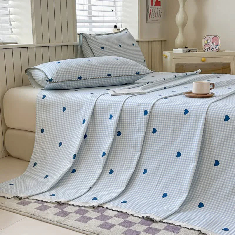 Relaxed Ownkoti Heart Gingham Cotton Bedspread with Lace Trim High-End