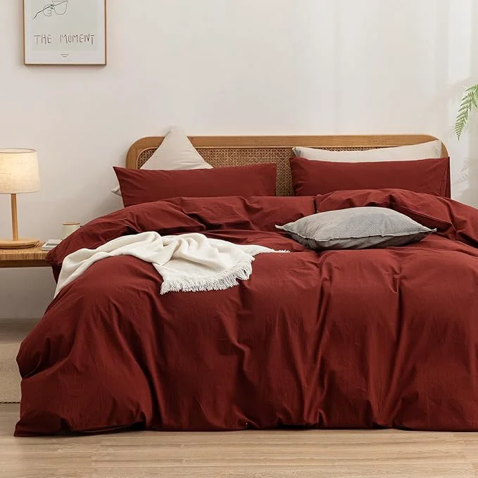 Smart OUCH Duvet Cover Set Washed Cotton Linen Feel Super Soft Comfortable Chic Lightweight 3 PCs Home Bedding Set Solid Fired Brick Red Queen Premium Material