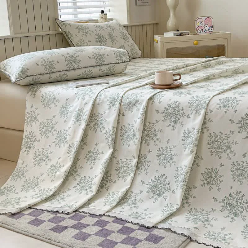 Natural Ownkoti Floral Leaf Cotton Bedspread with Lace Trim Refined