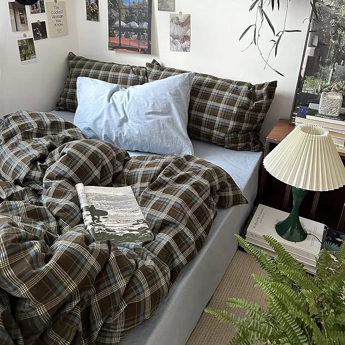 First-Class MKXI Queen Size Blue Brown amp Green Buffalo Plaid Duvet Cover Set – 3 Piece Vintage Aesthetic Bedding Set Washed Cotton Minimalist Design Soft amp Breathable Duvet Cover with Zipper Closure Specialty