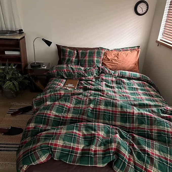 Exclusive MKXI Vintage Buffalo Plaid Duvet Cover Set 3-Piece Washed Cotton Reversible Bedding Green Red Checkered Twin Size with Zipper amp Corner Ties Farmhouse amp Shabby Chic Design Original