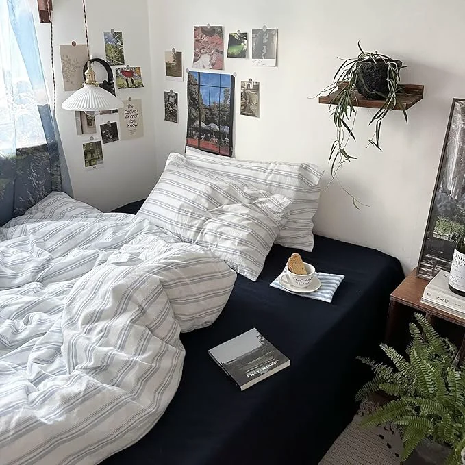 Comfortable MKXI King Size Duvet Cover Set – Washed Cotton Blue amp White Striped Bedding Soft amp Breathable 3-Piece Set with Zipper Closure amp Corner Ties Modern Coastal Vintage Style Fashionable